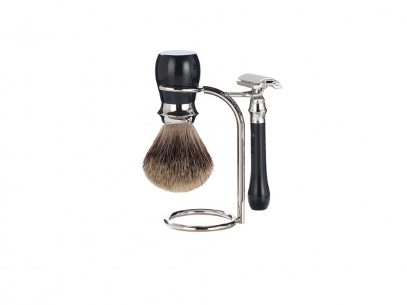 Бритвенный набор Mondial: классический станок, помазок, подставка; чёрная смола 