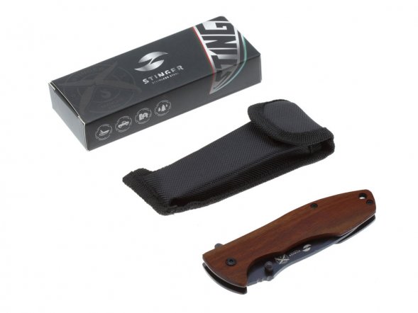 Нож складной Stinger, 80 мм (чёрный), материал рукояти: сталь/сандаловое дерево (коричневый) 