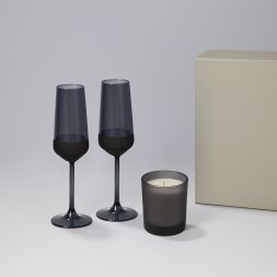 Подарочный набор свеча Enigma + 2 бокала для шампанского Black Edition в серой коробке