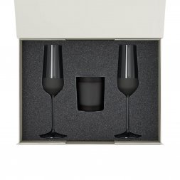 Подарочный набор свеча Enigma + 2 бокала для шампанского Black Edition в серой коробке