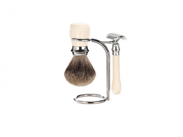 Бритвенный набор Mondial: классический станок, помазок, подставка; слоновая кость 
