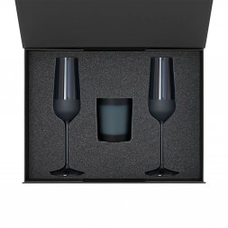Подарочный набор свеча Enigma + 2 бокала для шампанского Sapphire в черной коробке