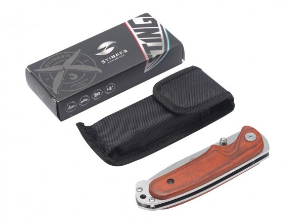 Нож складной Stinger, 91 мм, (серебристый), материал рукояти: сталь/дерево (серебристо-коричневый) 