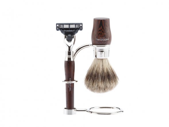 Бритвенный набор Mondial: станок MACH3, помазок, подставка; дерево Венге 