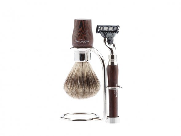 Бритвенный набор Mondial: станок MACH3, помазок, подставка; дерево Венге 