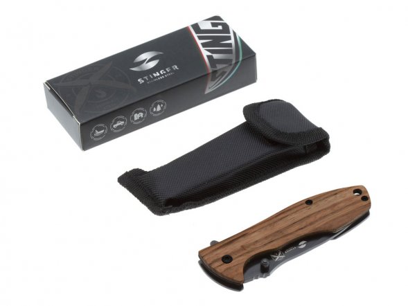 Нож складной Stinger, 80 мм, (чёрный), материал рукояти: сталь/эбеновое дерево (коричневый) 