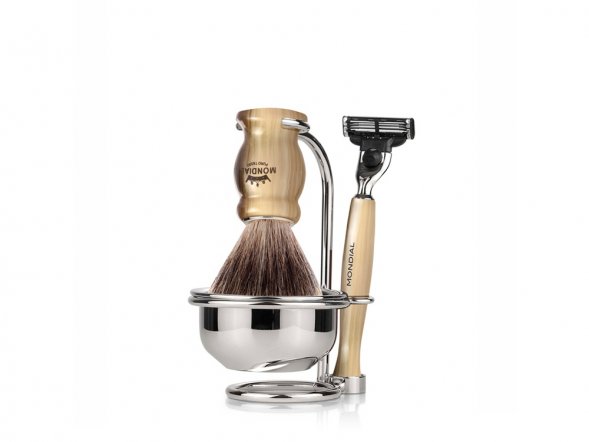 Бритвенный набор Mondial: станок, помазок, чаша, подставка; светлый и серый перламутр 