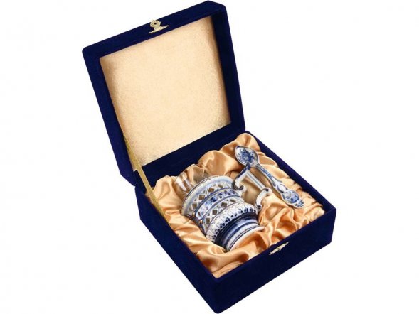 Набор: стакан с подстаканником и ложкой, белый/синий 