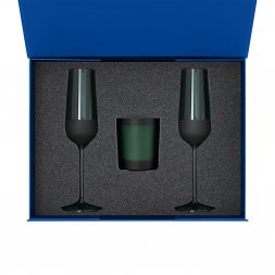 Подарочный набор свеча Enigma + 2 бокала для шампанского Emerald в синей коробке