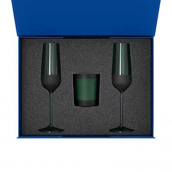 Подарочный набор свеча Enigma + 2 бокала для шампанского Emerald в синей коробке 