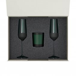 Подарочный набор свеча Enigma + 2 бокала для шампанского Emerald в серой коробке