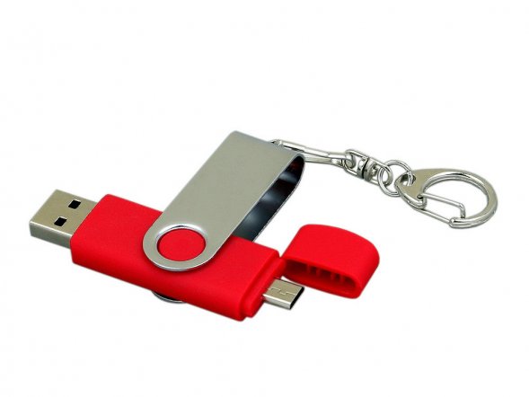 Флешка с  поворотным механизмом, c дополнительным разъемом Micro USB, 64 Гб, красный 