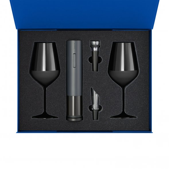 Подарочный набор 2 бокала для вина Black Edition + набор для вина Sacramento в синей коробке 