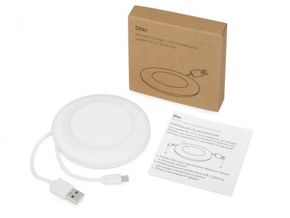 Беспроводное зарядное устройство со встроенным кабелем 2-в-1 Disc, белый 