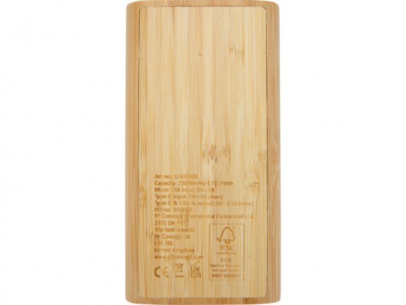 Портативное зарядное устройство Tulda из бамбука, 20 000 мАч, натуральный 
