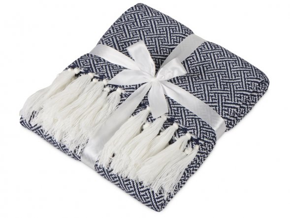 Плед акриловый Tassel с белой бахромой, темно-синий 