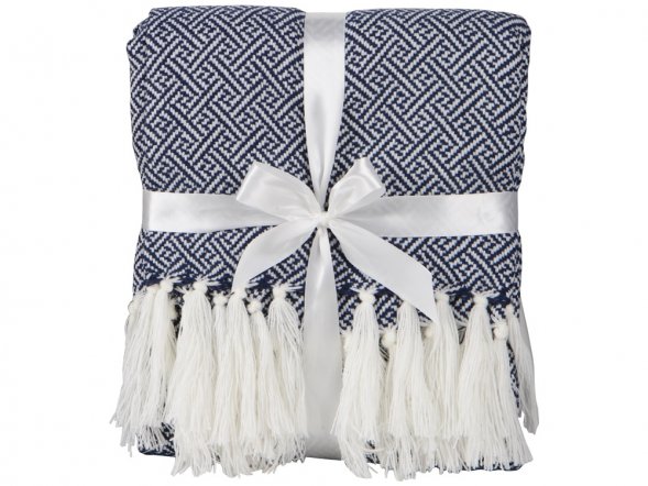 Плед акриловый Tassel с белой бахромой, темно-синий 