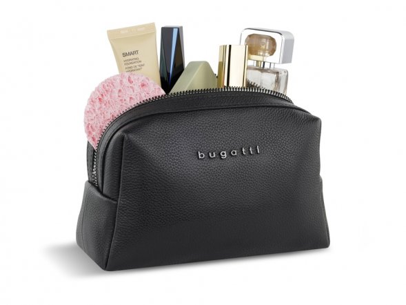 Косметичка BUGATTI Bella, чёрная, воловья кожа/полиэстер, 19х8,5х11 см 