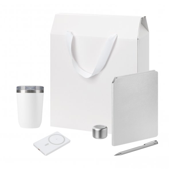 Подарочный набор Welcome Pack Premium, серебряный (термокружка, колонка, ежедневник, ручка, ЗУ, коробка-пакет) 