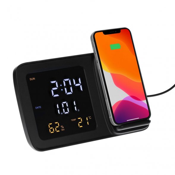 Станция беспроводной зарядки с часами и календарем и подсветкой лого Novem, черная 