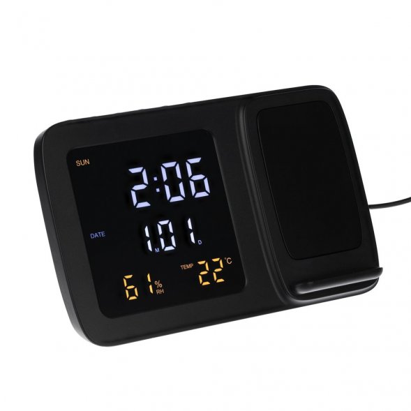 Станция беспроводной зарядки с часами и календарем и подсветкой лого Novem, черная 