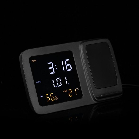 Станция беспроводной зарядки с часами и календарем и подсветкой лого Novem, черная 