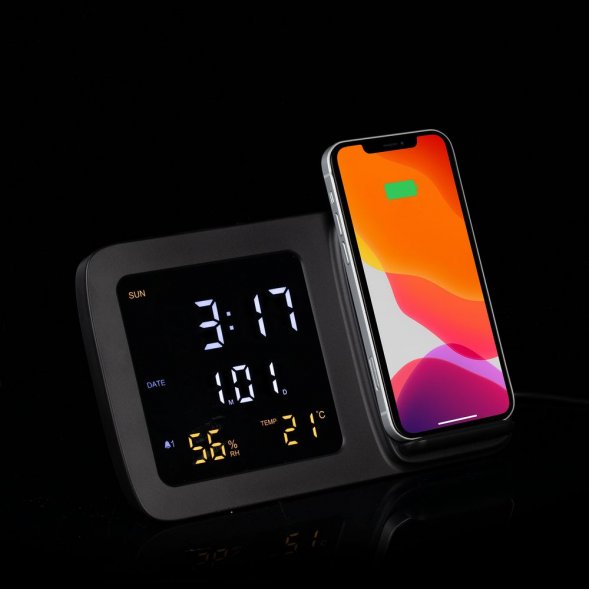Станция беспроводной зарядки с часами и календарем и подсветкой лого Novem, черная 
