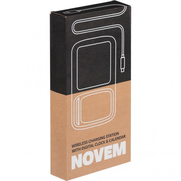 Станция беспроводной зарядки с часами и календарем и подсветкой лого Novem, черная 