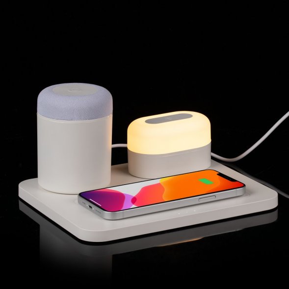 Станция беспроводной зарядки с колонкой и ночником Trilogy, белая 