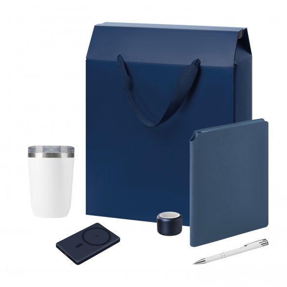 Подарочный набор Welcome Pack Premium, синий (термокружка, колонка, ежедневник, ручка, ЗУ, коробка-пакет) 