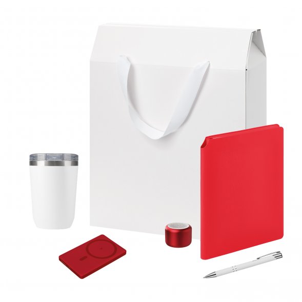 Подарочный набор Welcome Pack Premium, красный (термокружка, колонка, ежедневник, ручка, ЗУ, коробка-пакет) 