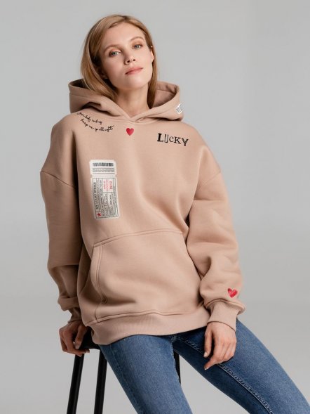 Худи оверсайз с термонаклейками Lucky Strike, бежевое 