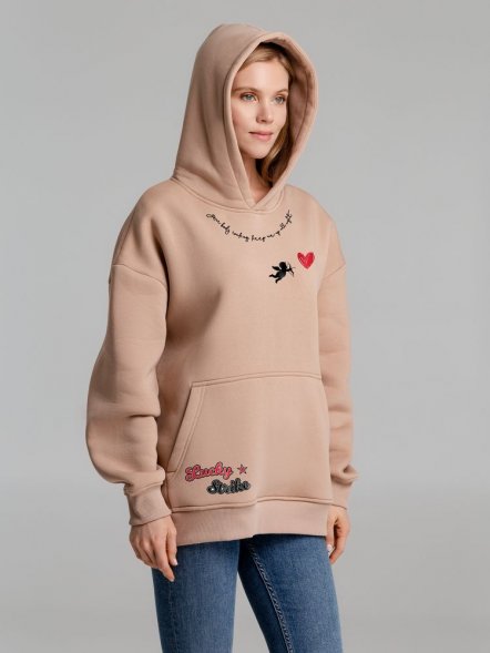 Худи оверсайз с термонаклейками Lucky Strike, бежевое 