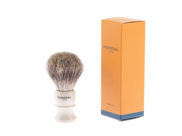 Помазок для бритья Mondial, каучуковая смола, барсучий ворс, рукоять - цвет слоновой кости 