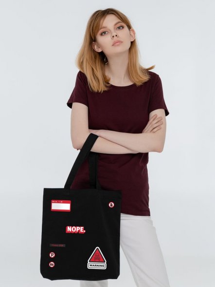 Холщовая сумка с термонаклейками Cautions, черная 