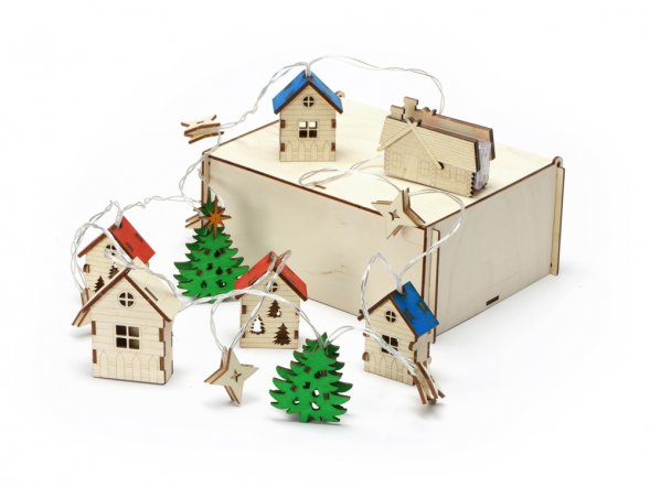 Елочная гирлянда с лампочками Новогодняя цветная + деревянная коробка с наполнителем-стружкой Ларь 