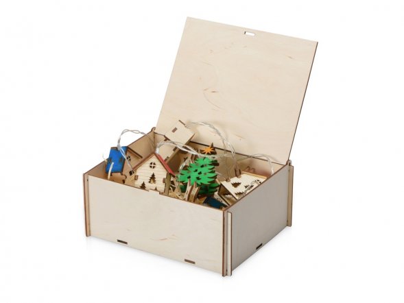 Елочная гирлянда с лампочками Новогодняя цветная + деревянная коробка с наполнителем-стружкой Ларь 