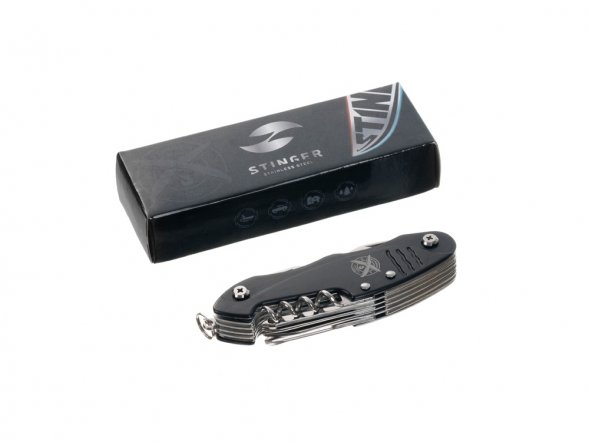 Нож перочинный Stinger, 96 мм, 15 функций, материал рукояти: алюминий (черный) 
