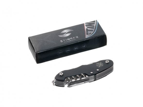 Нож перочинный Stinger, 96 мм, 15 функций, материал рукояти: алюминий (черный) 