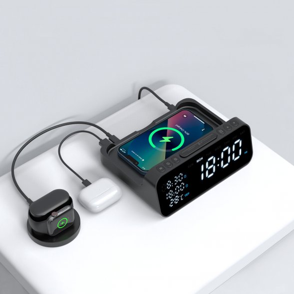 Зарядная станция с часами 6в1 10W Orion, черная 