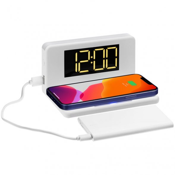 Часы настольные с беспроводным зарядным устройством Pitstop, белые 