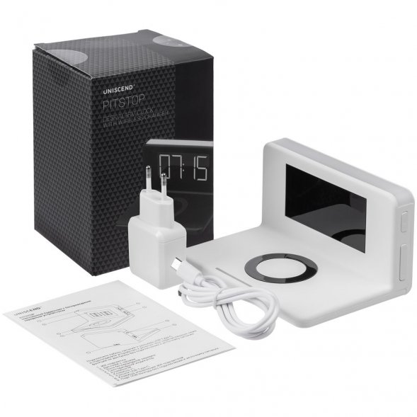 Часы настольные с беспроводным зарядным устройством Pitstop, белые 