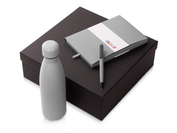 Подарочный набор c блокнотом C1, ручкой и термобутылкой, серый 