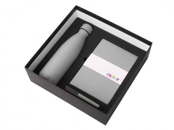 Подарочный набор c блокнотом C1, ручкой и термобутылкой, серый 