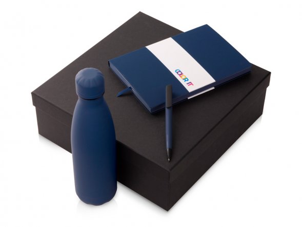 Подарочный набор c блокнотом C1, ручкой и термобутылкой, темно-синий 