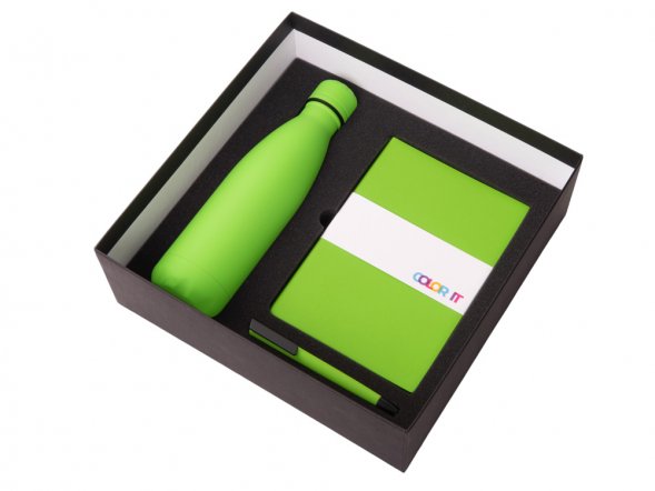 Подарочный набор c блокнотом C2, ручкой и термобутылкой, зеленое яблоко 