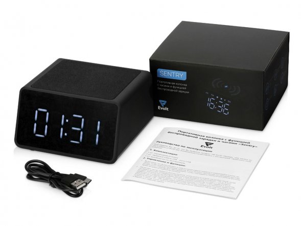Беспроводная колонка с часами и функцией беспроводной зарядки Sentry, черный 