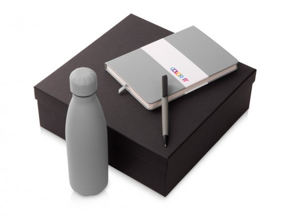 Подарочный набор c блокнотом C2, ручкой и термобутылкой, серый 