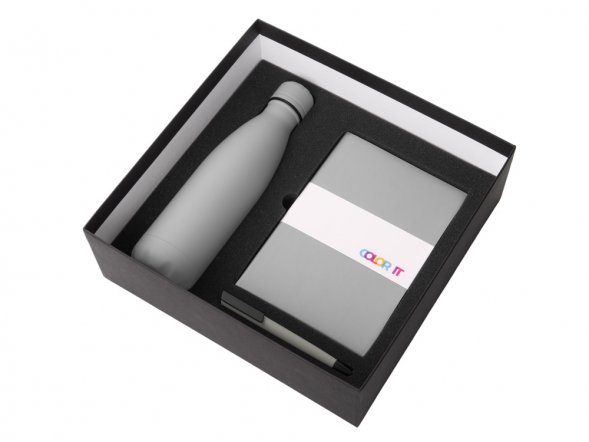 Подарочный набор c блокнотом C2, ручкой и термобутылкой, серый 