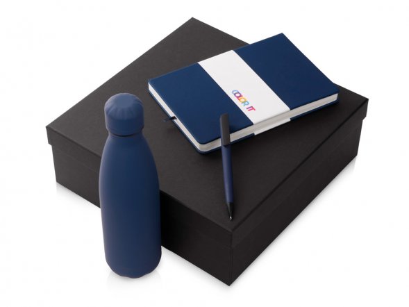 Подарочный набор c блокнотом C2, ручкой и термобутылкой, темно-синий 